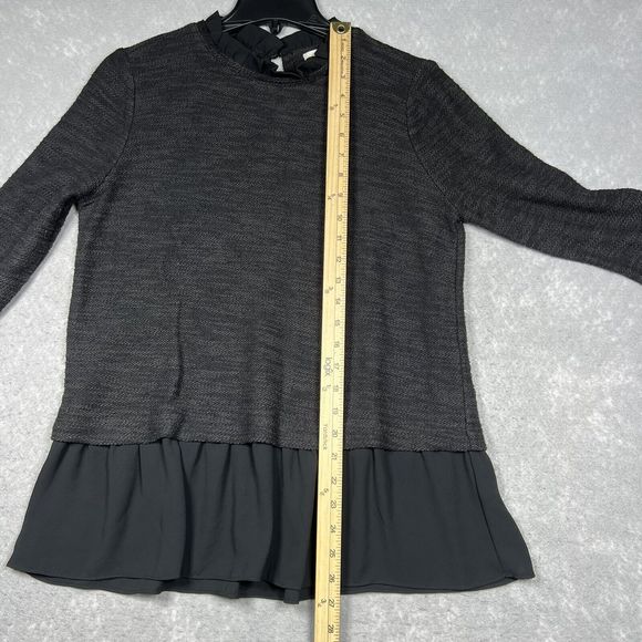 Loft Pullover Sweater Women’s Small Gray/ Black Long Sleeve Ruffled Chiffon Hem - Picture 4 of 8
